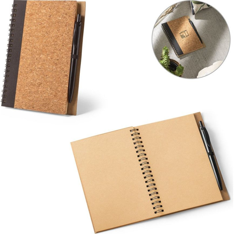 VICENTE. B6 notebook in cork and recycled polyester (100% rPET) with ballpoint pen